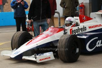 World © Octane Photographic Ltd. Senna Formula 1 car showcase filmed by Sky F1 at Donington Park race track. Tuesday 8th April 2014. Ex-Ayrton Senna Toleman TG184 - Alastair Davidson. Digital Ref : 0904lb1d9922