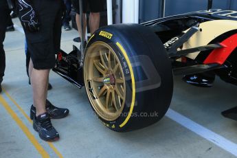 World © Octane Photographic Ltd. Wednesday 9th July 2014. British in-season Formula 1 test, Silverstone, UK. Lotus F1 Team E22 – Charles Pic. The new 18" rims being trialled by Pirelli and Lotus Digital Ref: 1030LB1D2894