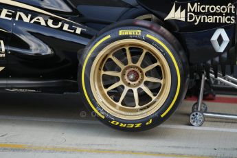 World © Octane Photographic Ltd. Wednesday 9th July 2014. British in-season Formula 1 test, Silverstone, UK. Lotus F1 Team E22 – Charles Pic. The new 18" rims being trialled by Pirelli and Lotus Digital Ref: 1030LB1D3801