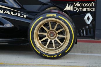 World © Octane Photographic Ltd. Wednesday 9th July 2014. British in-season Formula 1 test, Silverstone, UK. Lotus F1 Team E22 – Charles Pic. The new 18" rims being trialled by Pirelli and Lotus Digital Ref: 1030LB1D3824
