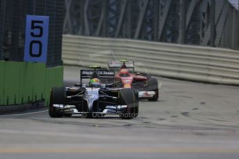 World © Octane Photographic Ltd. Friday 19th September 2014, Singapore Grand Prix, Marina Bay. - Formula 1 Practice 1. Sauber C33 – Esteban Gutierrez and Scuderia Ferrari F14T – Kimi Raikkonen. Digital Ref :