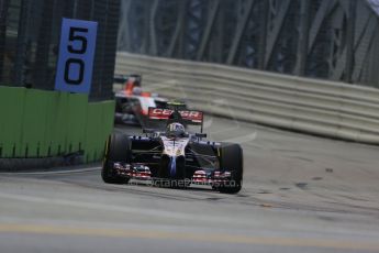 World © Octane Photographic Ltd. Friday 19th September 2014, Singapore Grand Prix, Marina Bay. - Formula 1 Practice 1. Scuderia Toro Rosso STR 9 – Daniil Kvyat and Marussia F1 Team MR03 - Jules Bianchi. Digital Ref: