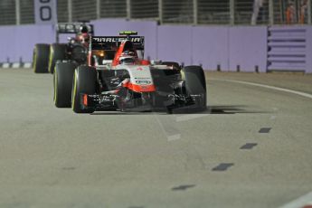 World © Octane Photographic Ltd. Friday 19th September 2014, Singapore Grand Prix, Marina Bay. - Formula 1 Practice 2. Marussia F1 Team MR03 – Max Chilton and McLaren Mercedes MP4/29 - Jenson Button. Digital Ref: