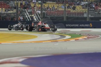 World © Octane Photographic Ltd. Friday 19th September 2014, Singapore Grand Prix, Marina Bay. - Formula 1 Practice 2. Marussia F1 Team MR03 – Max Chilton and Sauber C33 – Adrian Sutil. Digital Ref: