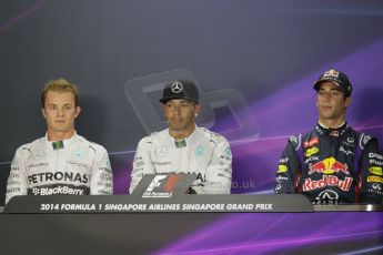 World © Octane Photographic Ltd. Saturday 20th September 2014, Singapore Grand Prix, Marina Bay. - Formula 1 Qualifying Press Conference. Mercedes AMG Petronas F1 W05 – Lewis Hamilton (pole) and Nico Rosberg (2nd) and in 3rd Infiniti Red Bull Racing RB10 – Daniel Ricciardo. Digital Ref: 1125CB1D9872