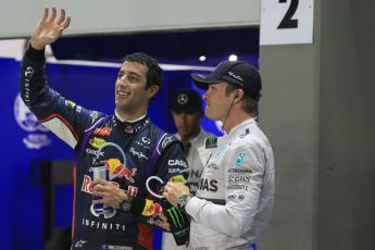 World © Octane Photographic Ltd. Saturday 20th September 2014, Singapore Grand Prix, Marina Bay. - Formula 1 Qualifying Parc Ferme. Mercedes AMG Petronas F1 W05 – Lewis Hamilton (pole) and Nico Rosberg (2nd) and in 3rd Infiniti Red Bull Racing RB10 – Daniel Ricciardo. Digital Ref: 1125LB1D2929