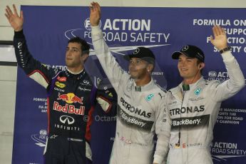 World © Octane Photographic Ltd. Saturday 20th September 2014, Singapore Grand Prix, Marina Bay. - Formula 1 Qualifying Parc Ferme. Mercedes AMG Petronas F1 W05 – Lewis Hamilton (pole) and Nico Rosberg (2nd) and in 3rd Infiniti Red Bull Racing RB10 – Daniel Ricciardo. Digital Ref: 1125LB1D2948