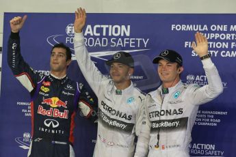 World © Octane Photographic Ltd. Saturday 20th September 2014, Singapore Grand Prix, Marina Bay. - Formula 1 Qualifying Parc Ferme. Mercedes AMG Petronas F1 W05 – Lewis Hamilton (pole) and Nico Rosberg (2nd) and in 3rd Infiniti Red Bull Racing RB10 – Daniel Ricciardo. Digital Ref: 1125LB1D2954