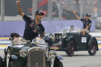 World © Octane Photographic Ltd. Saturday 20th September 2014, Singapore Grand Prix, Marina Bay. - Formula 1 Drivers’ Parade. Infiniti Red Bull Racing RB10 – Daniel Ricciardo and Sebastian Vettel. Digital Ref: 1127CB1D0842