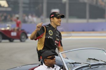 World © Octane Photographic Ltd. Saturday 20th September 2014, Singapore Grand Prix, Marina Bay. - Formula 1 Drivers’ Parade. Lotus F1 Team E22 – Pastor Maldonado. Digital Ref: 1127CB1D0937