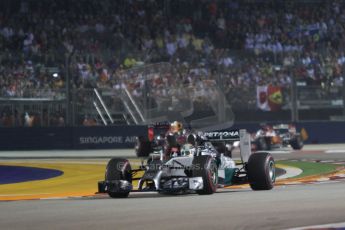 World © Octane Photographic Ltd. Sunday 21st September 2014, Singapore Grand Prix, Marina Bay. - Formula 1 Race. Mercedes AMG Petronas F1 W05 – Lewis Hamilton, Infiniti Red Bull Racing RB10 - Sebastian Vettel and Scuderia Ferrari F14T - Fernando Alonso. Digital Ref: