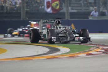 World © Octane Photographic Ltd. Sunday 21st September 2014, Singapore Grand Prix, Marina Bay. - Formula 1 Race. Mercedes AMG Petronas F1 W05 – Lewis Hamilton and Infiniti Red Bull Racing RB10 - Sebastian Vettel. Digital Ref: