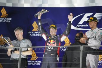 World © Octane Photographic Ltd. Sunday 21st September 2014, Singapore Grand Prix, Marina Bay. - Formula 1 Podium. Mercedes AMG Petronas F1 W05 – Lewis Hamilton and Infiniti Red Bull Racing RB10 – Sebastian Vettel. Digital Ref: