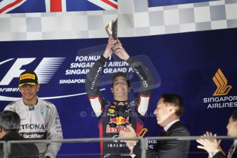 World © Octane Photographic Ltd. Sunday 21st September 2014, Singapore Grand Prix, Marina Bay. - Formula 1 Podium. Mercedes AMG Petronas F1 W05 – Lewis Hamilton and Infiniti Red Bull Racing RB10 – Daniel Ricciardo. Digital Ref: