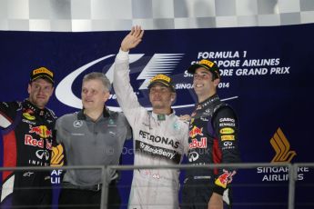 World © Octane Photographic Ltd. Sunday 21st September 2014, Singapore Grand Prix, Marina Bay. - Formula 1 Podium. Mercedes AMG Petronas F1 W05 – Lewis Hamilton and Infiniti Red Bull Racing RB10 – Sebastian Vettel and Daniel Ricciardo. Digital Ref: