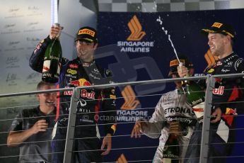 World © Octane Photographic Ltd. Sunday 21st September 2014, Singapore Grand Prix, Marina Bay. - Formula 1 Podium. Mercedes AMG Petronas F1 W05 – Lewis Hamilton and Infiniti Red Bull Racing RB10 – Sebastian Vettel and Daniel Ricciardo. Digital Ref: