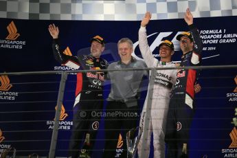 World © Octane Photographic Ltd. Sunday 21st September 2014, Singapore Grand Prix, Marina Bay. - Formula 1 Podium. Mercedes AMG Petronas F1 W05 – Lewis Hamilton and Infiniti Red Bull Racing RB10 – Sebastian Vettel and Daniel Ricciardo. Digital Ref: