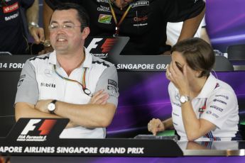 World © Octane Photographic Ltd. Friday 19th September 2014, Singapore Grand Prix, Marina Bay. - Formula 1 Team Personnel Press Conference - McLaren Mercedes - Eric Boullier and Williams Martini Racing - Claire Williams. Digital Ref: