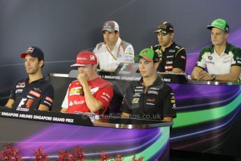 World © Octane Photographic Ltd. Thursday 18th September 2014, Singapore Grand Prix, Marina Bay. - Formula 1 Driver’s conference. Sergio Perez, Pastor Maldonado, Marcus Ericsson, Jean-Eric Vergne, Kimi Raikkonen and Sergio Perez. Digital Ref: 1117CB1D6873