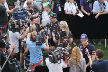 World © Octane Photographic Ltd. Thursday 18th September 2014, Singapore Grand Prix, Marina Bay. - Post Formula 1 Driver’s conference enclosure - Marcus Ericsson, Pastor Maldonado and Jean-Eric Vergne. Digital Ref: 1117CB1D6962