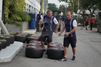 World © Octane Photographic Ltd. Wednesday 17th September 2014, Singapore Grand Prix, Marina Bay. Formula 1 Setup and atmosphere. Williams Martini Racing wheels with Pirelli tyre options. Digital Ref: 1115CB1D6417
