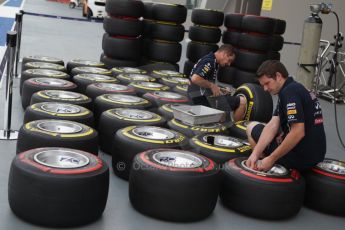 World © Octane Photographic Ltd. Wednesday 17th September 2014, Singapore Grand Prix, Marina Bay. Formula 1 Setup and atmosphere. Infiniti Red Bull Racing wheels with Pirelli tyre options. Digital Ref: 1115CB1D6440