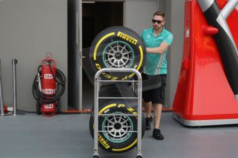 World © Octane Photographic Ltd. Wednesday 17th September 2014, Singapore Grand Prix, Marina Bay. Formula 1 Setup and atmosphere. Mercedes AMG Petronas Pirelli tyres on trolley. Digital Ref: 1115CB1D6449