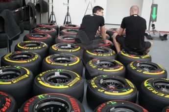 World © Octane Photographic Ltd. Wednesday 17th September 2014, Singapore Grand Prix, Marina Bay. Formula 1 Setup and atmosphere. McLaren Mercedes wheels with Pirelli tyre choices. Digital Ref: 1115CB1D6454