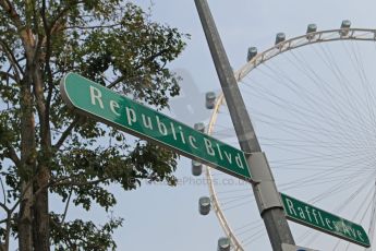 World © Octane Photographic Ltd. Wednesday 17th September 2014, Singapore Grand Prix, Marina Bay. Formula 1 Setup and atmosphere. The Singapore Flyer and signs to Raffles Avenue and Republic Boulevard. Digital Ref: 1115CB1D6519