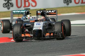 World © Octane Photographic Ltd. Friday 9th May 2014. Circuit de Catalunya - Spain - Formula 1 Practice 1 pitlane. Sahara Force India VJM07 – Sergio Perez. Digital Ref: