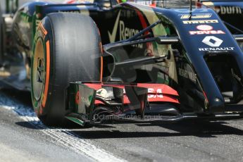 World © Octane Photographic Ltd. Friday 9th May 2014. Circuit de Catalunya - Spain - Formula 1 Practice 2 pitlane. Lotus F1 Team E22 – Pastor Maldonado. Digital Ref: