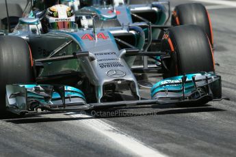 World © Octane Photographic Ltd. Friday 9th May 2014. Circuit de Catalunya - Spain - Formula 1 Practice 2 pitlane. Mercedes AMG Petronas F1 W05 Hybrid - Lewis Hamilton and Nico Rosberg. Digital Ref: