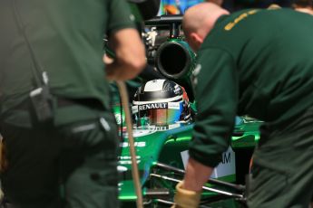 World © Octane Photographic Ltd. Friday 9th May 2014. Circuit de Catalunya - Spain - Formula 1 Practice 2 pitlane. Caterham F1 Team CT05 – Kamui Kobayashi. Digital Ref: