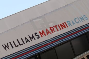 World © Octane Photographic Ltd. Friday 9th May 2014. Circuit de Catalunya - Spain - Formula 1 Practice 1 pitlane. Williams Martini Racing logo. Digital Ref:
