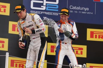 World © Octane Photographic Ltd. Saturday 10th May 2014. GP2 Race 1 Podium – Circuit de Catalunya, Barcelona, Spain. Johnny Cecotto - Trident (1st) and Jolyon Palmer - DAMS (2nd). Digital Ref :