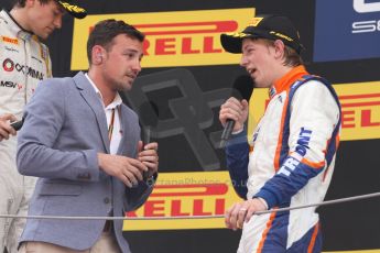 World © Octane Photographic Ltd. Saturday 10th May 2014. GP2 Race 1 Podium – Circuit de Catalunya, Barcelona, Spain. Johnny Cecotto - Trident (1st) being interviewed by Will Buxton. Digital Ref :