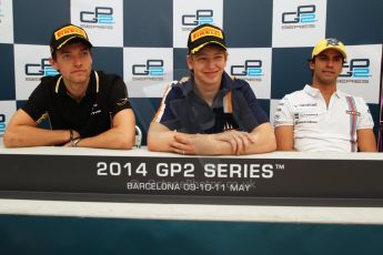 World © Octane Photographic Ltd. Saturday 10th May 2014. GP2 Race 1 Press conference – Circuit de Catalunya, Barcelona, Spain. Johnny Cecotto - Trident (1st), Jolyon Palmer - DAMS (2nd) and Felipe Nasr - Carlin (3rd). Digital Ref :