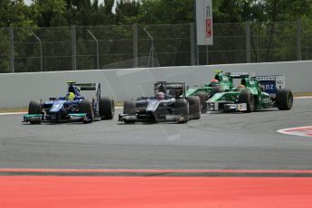 World © Octane Photographic Ltd. Saturday 10th May 2014. GP2 Race 1 – Circuit de Catalunya, Barcelona, Spain. Mitch Evans - RT Russian Time, Julian Leal - Carlin and Rio Haryanto and Alexander Rossi - EQ8 Caterham Racing. Digital Ref :