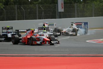World © Octane Photographic Ltd. Saturday 10th May 2014. GP2 Race 1 – Circuit de Catalunya, Barcelona, Spain. Tom Dillmann - Arden International, Artem Markelov - RT Russian Time, Arthur Pic and Kimiya Sato - Campos Racing and Adrian Quaife-Hobbs - Rapax. Digital Ref :