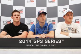 World © Octane Photographic Ltd. Saturday 10th May 2014. GP3 Qualifying press conference– Circuit de Catalunya, Barcelona, Spain. Alex Lynn - Carlin (1st), Richie Stanaway - Status Grand Prix (2nd) and Marvin Kirchhofer - ART Grand Prix (3rd). Digital Ref :