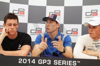 World © Octane Photographic Ltd. Saturday 10th May 2014. GP3 Qualifying press conference– Circuit de Catalunya, Barcelona, Spain. Alex Lynn - Carlin (1st), Richie Stanaway - Status Grand Prix (2nd) and Marvin Kirchhofer - ART Grand Prix (3rd). Digital Ref :