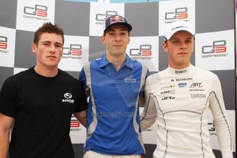 World © Octane Photographic Ltd. Saturday 10th May 2014. GP3 Qualifying press conference– Circuit de Catalunya, Barcelona, Spain. Alex Lynn - Carlin (1st), Richie Stanaway - Status Grand Prix (2nd) and Marvin Kirchhofer - ART Grand Prix (3rd). Digital Ref :