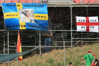 World © Octane Photographic Ltd. Saturday 10th May 2014. Circuit de Catalunya - Spain - Formula 1 Practice 3. Ronnie Peterson remembrance fan banner. Digital Ref: 0935lb1d7088