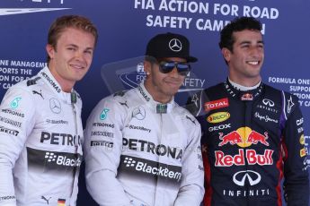 World © Octane Photographic Ltd. Saturday 10th May 2014. Circuit de Catalunya - Spain - Formula 1 Qualifying. Mercedes AMG Petronas F1 W05 Hybrid – Lewis Hamilton and Nico Rosberg and Infiniti Red Bull Racing RB10 – Daniel Ricciardo. Digital Ref: 0936cb7d0001