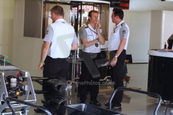 World © Octane Photographic Ltd. Saturday 10th May 2014. Circuit de Catalunya - Spain - Formula 1 Qualifying. McLaren Mercedes MP4/29 - Eric Boullier in McLaren garage. Digital Ref: 0936cb7d0056 0936cb7d0044