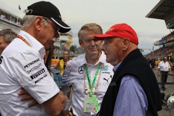 World © Octane Photographic Ltd. Sunday 11th May 2014. Circuit de Catalunya - Spain - Formula 1 Grid. Mercedes AMG Petronas Niki Lauda and Daimler AG CEO Dieter Zetsche. Digital Ref: