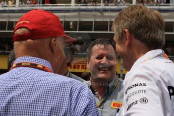 World © Octane Photographic Ltd. Sunday 11th May 2014. Circuit de Catalunya - Spain - Formula 1 Grid. Pirelli Paul Hembery and Niki Lauda. Digital Ref: