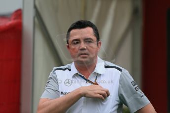 World © Octane Photographic Ltd. Sunday 11th May 2014. Circuit de Catalunya - Spain - Formula 1 Paddock. McLaren Mercedes - Eric Boullier. Digital Ref: