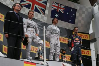 World © Octane Photographic Ltd. Thursday 8th May 2014. Circuit de Catalunya - Spain - Formula 1 Podium. Mercedes AMG Petronas F1 W05 Hybrid – Lewis Hamilton (1st) and Nico Rosberg (2nd)  and Infiniti Red Bull Racing RB10 – Daniel Ricciardo (3rd). Digital Ref: