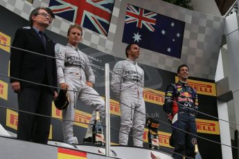 World © Octane Photographic Ltd. Thursday 8th May 2014. Circuit de Catalunya - Spain - Formula 1 Podium. Mercedes AMG Petronas F1 W05 Hybrid – Lewis Hamilton (1st) and Nico Rosberg (2nd) and Infiniti Red Bull Racing RB10 – Daniel Ricciardo (3rd). Digital Ref: